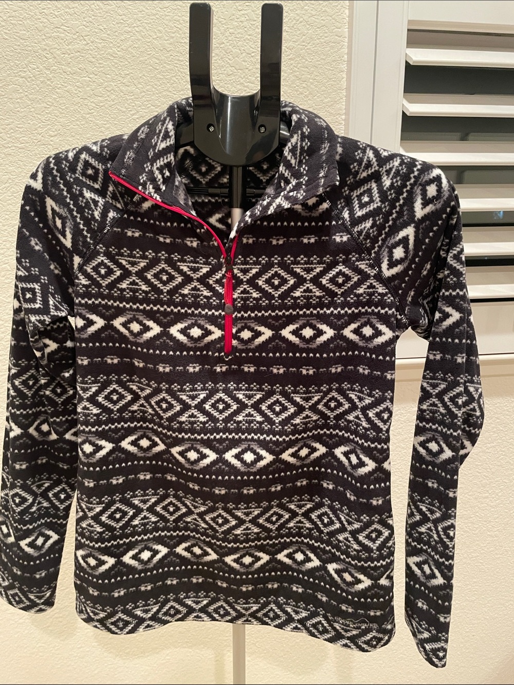 Eddie Bauer Black and White Fair Isle Half-Zip Pullover with Red Trim